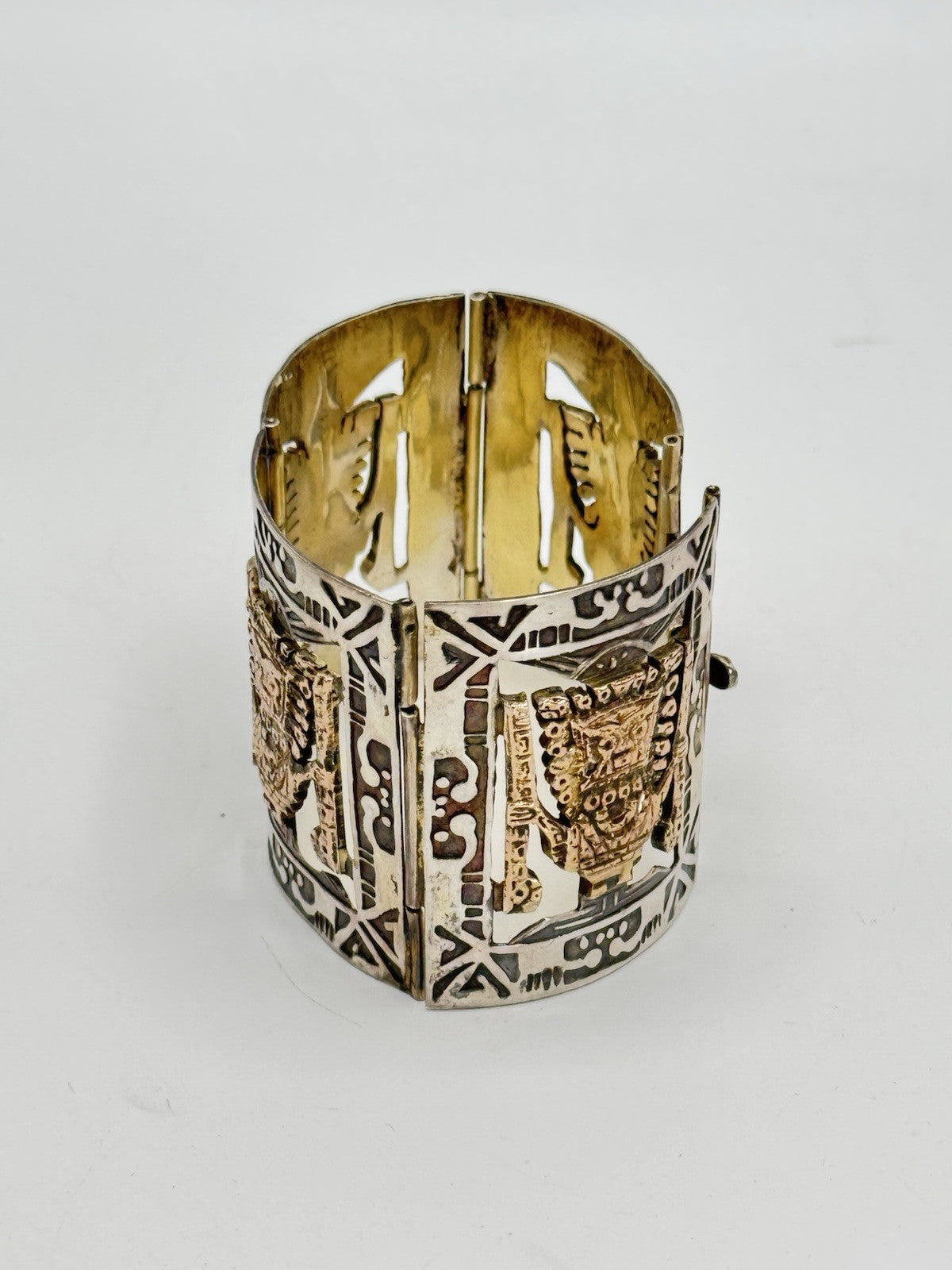 Vintage 825 Hallmarked AZTEC Panel Bracelet Gold Accents Tested 10k Circa 6.25”l