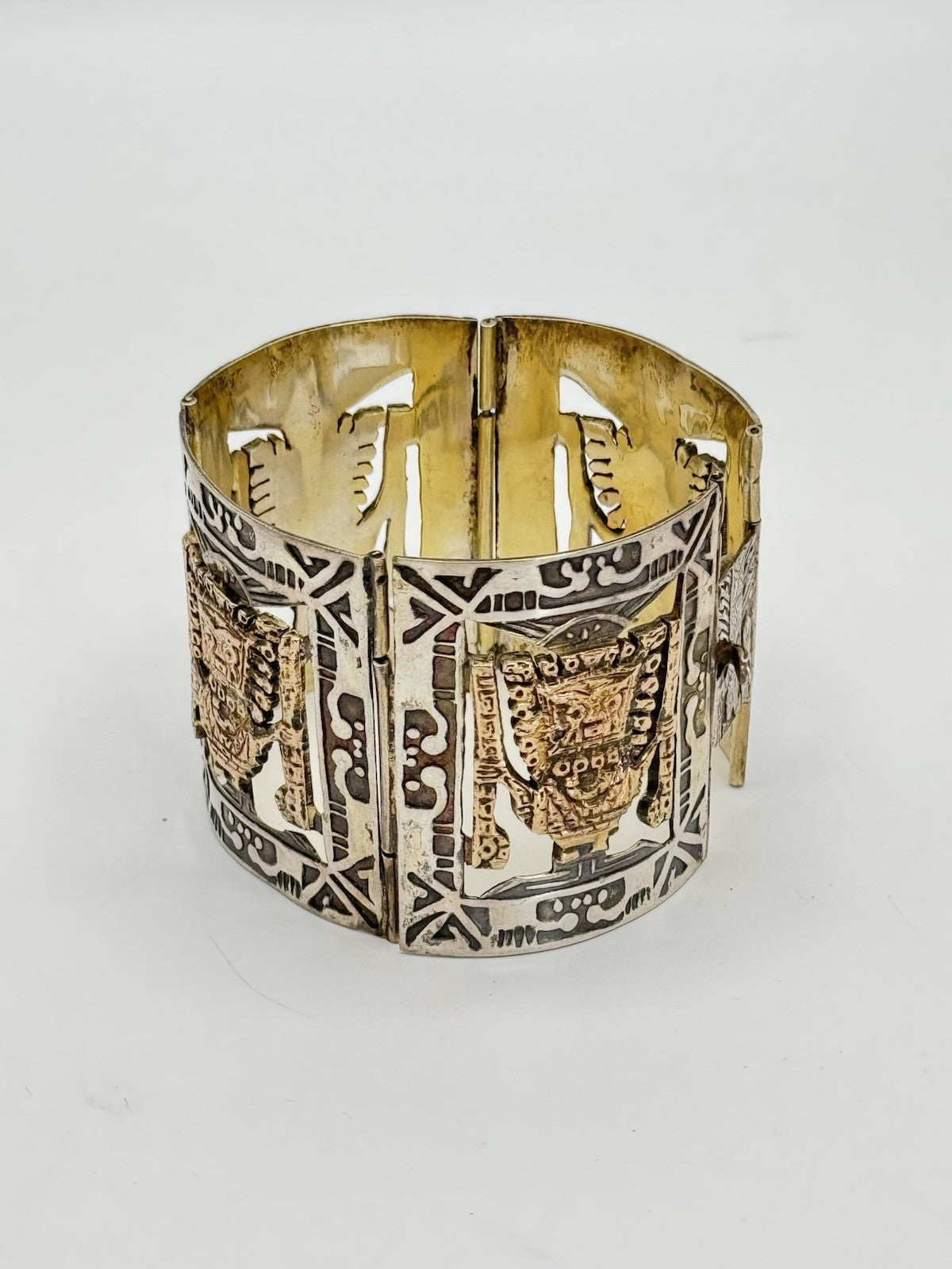 Vintage 825 Hallmarked AZTEC Panel Bracelet Gold Accents Tested 10k Circa 6.25”l