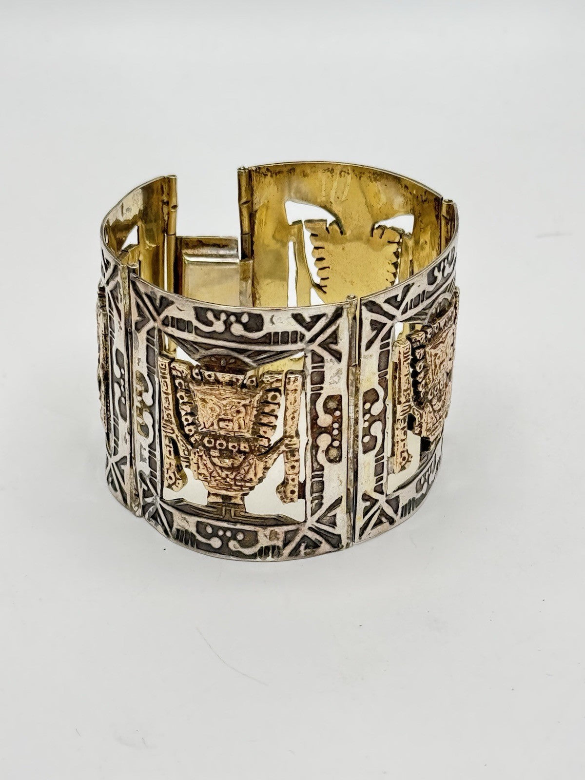 Vintage 825 Hallmarked AZTEC Panel Bracelet Gold Accents Tested 10k Circa 6.25”l
