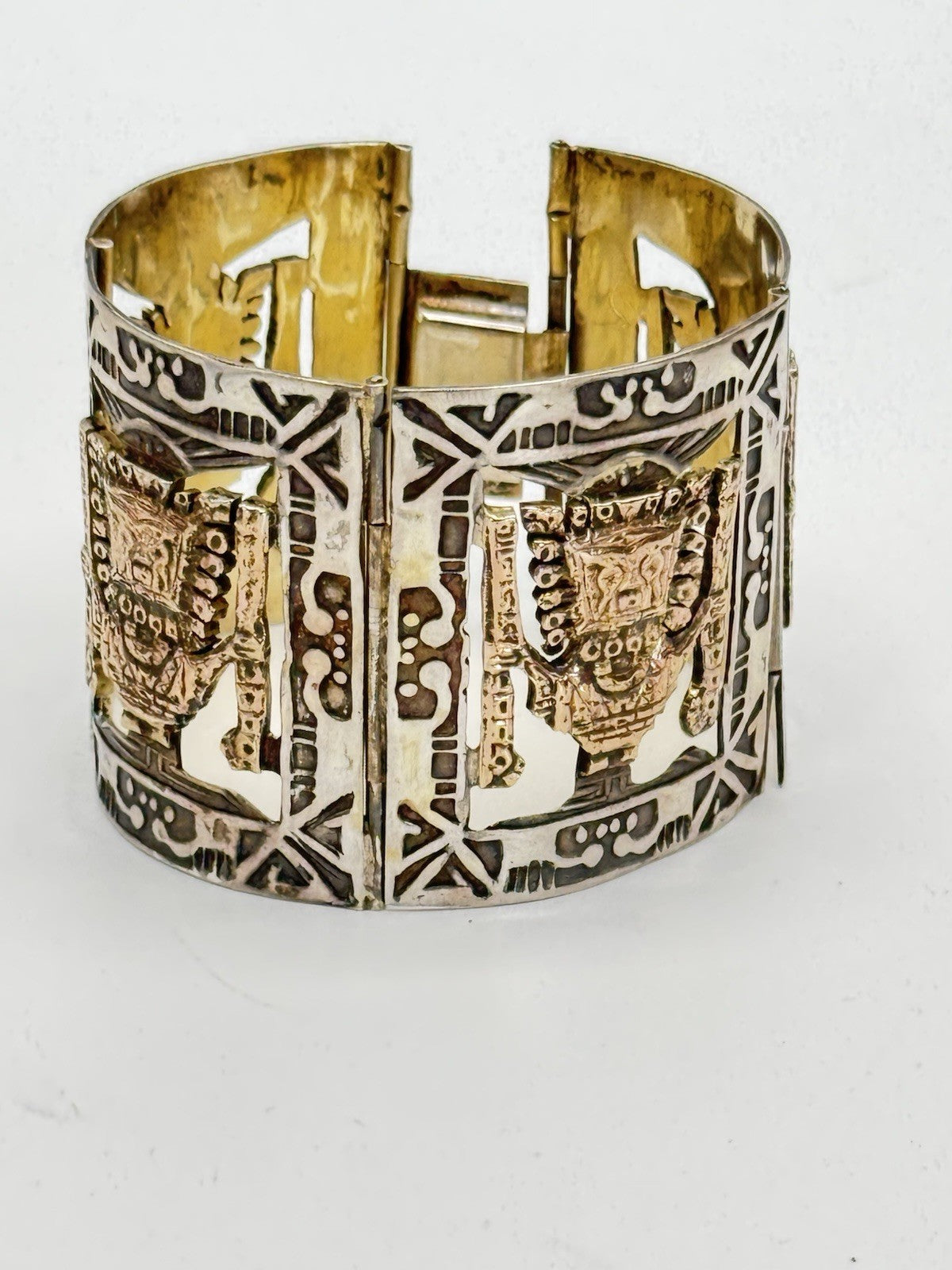 Vintage 825 Hallmarked AZTEC Panel Bracelet Gold Accents Tested 10k Circa 6.25”l