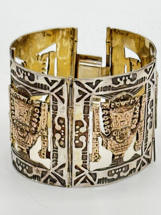 Vintage 825 SILVER Hallmarked AZTEC Panel Bracelet Gold Accents Tested 10k Circa 6.25”l