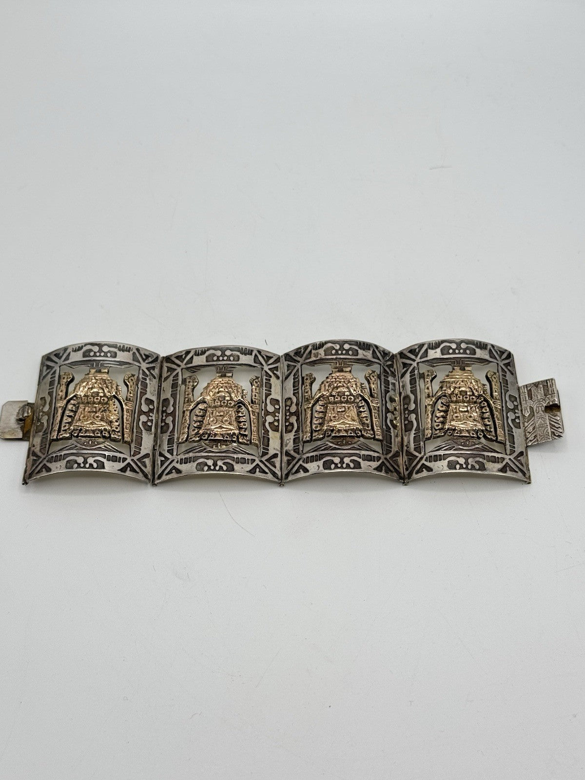 Vintage 825 Hallmarked AZTEC Panel Bracelet Gold Accents Tested 10k Circa 6.25”l