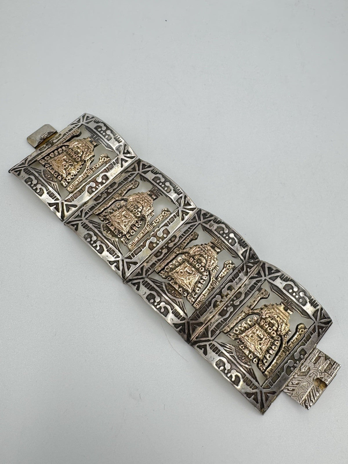 Vintage 825 Hallmarked AZTEC Panel Bracelet Gold Accents Tested 10k Circa 6.25”l