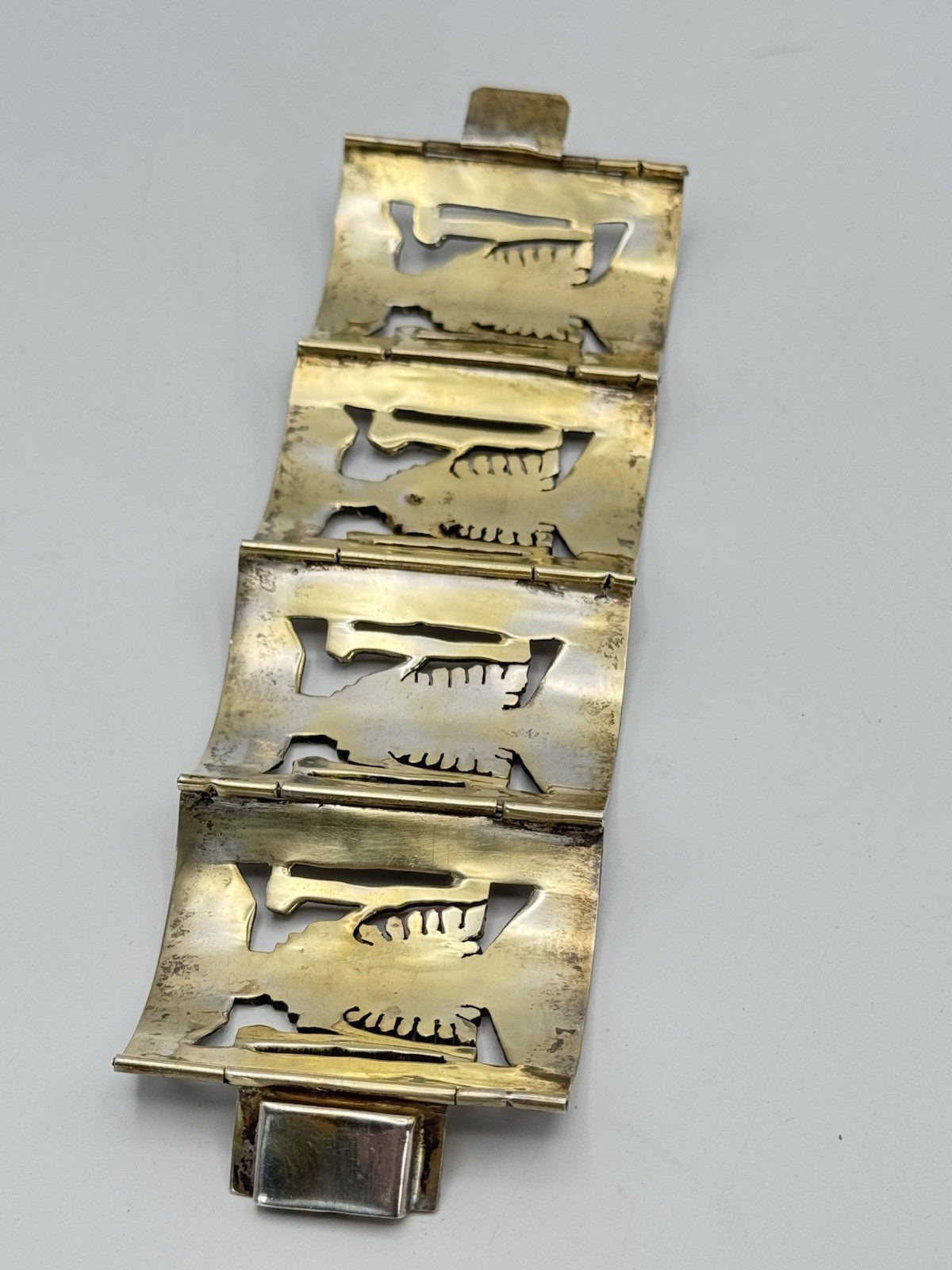 Vintage 825 Hallmarked AZTEC Panel Bracelet Gold Accents Tested 10k Circa 6.25”l