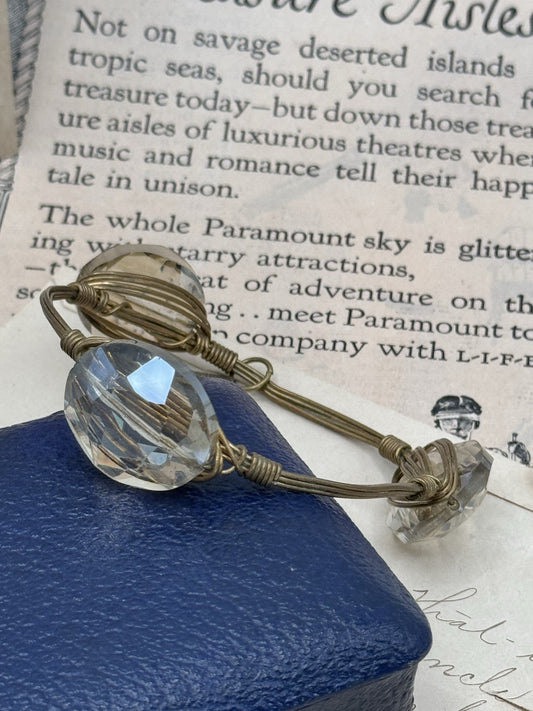Clear Glass Crystal Goldtone Wire Wrapped Bangle Bracelet 8” Chunky ESTATE FIND