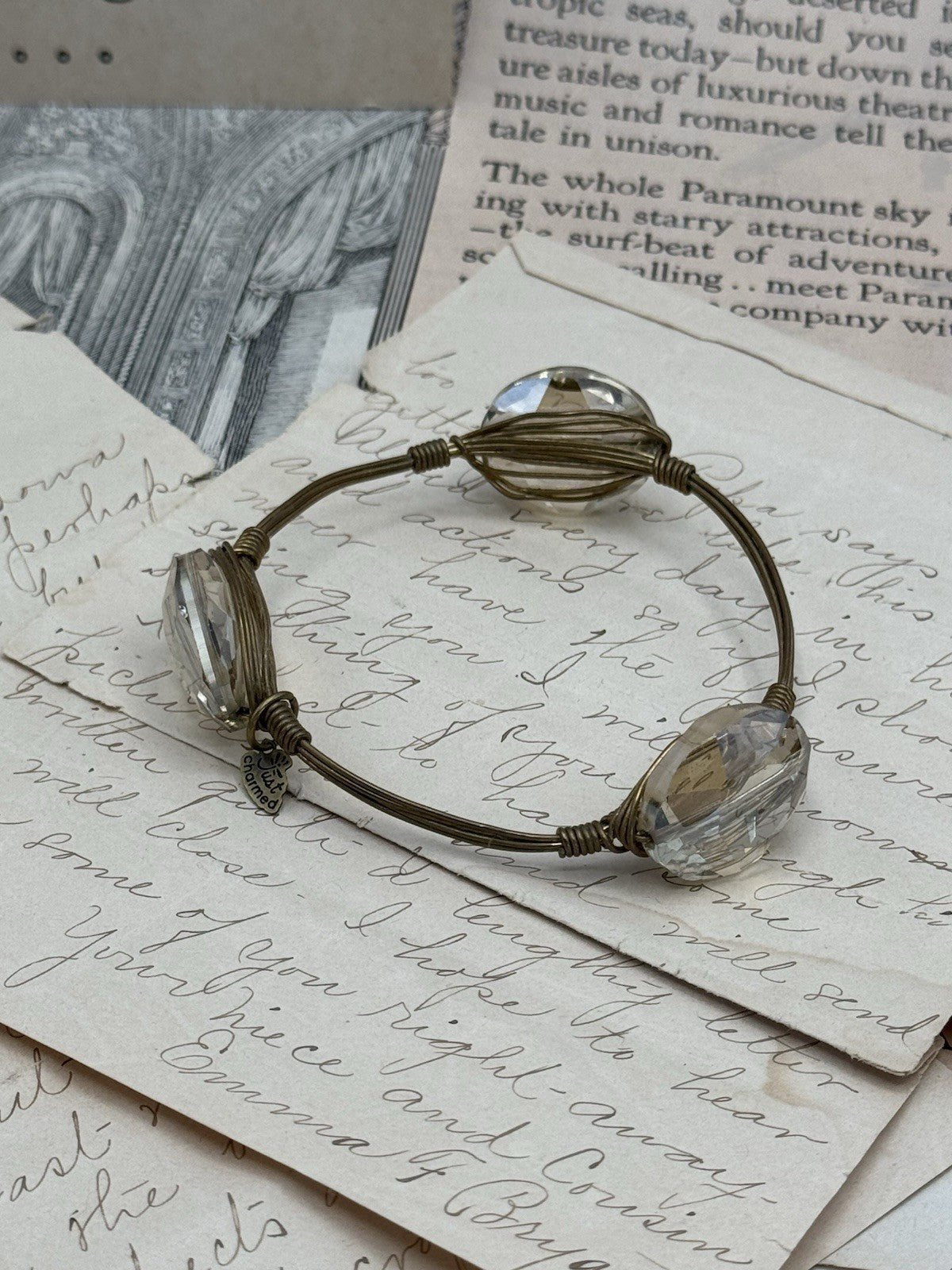 Clear Glass Crystal Goldtone Wire Wrapped Bangle Bracelet 8” Chunky ESTATE FIND