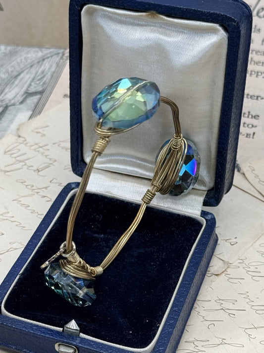 Yellow Blue Glass Crystal Goldtone Wire Wrapped Bangle Bracelet 8” ESTATE FIND