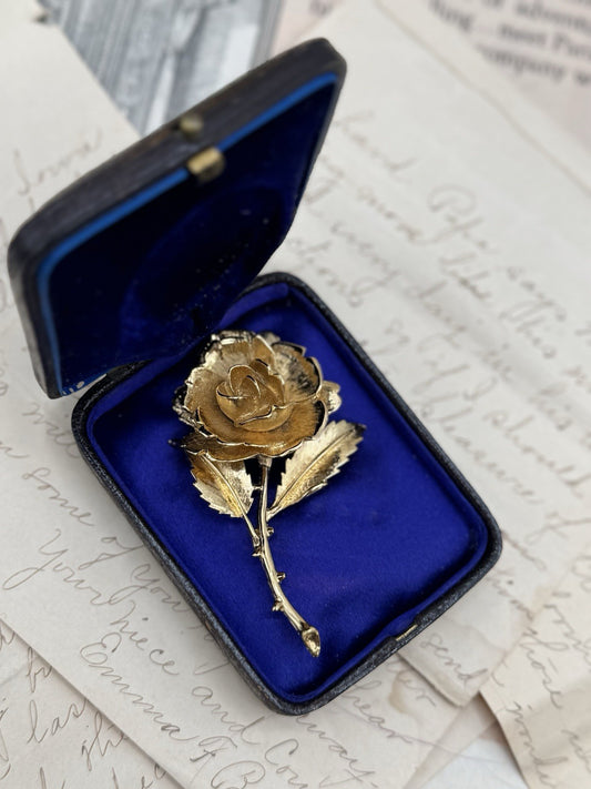 Vintage Signed MONET Brooch Goldtone Rose ESTATE FIND