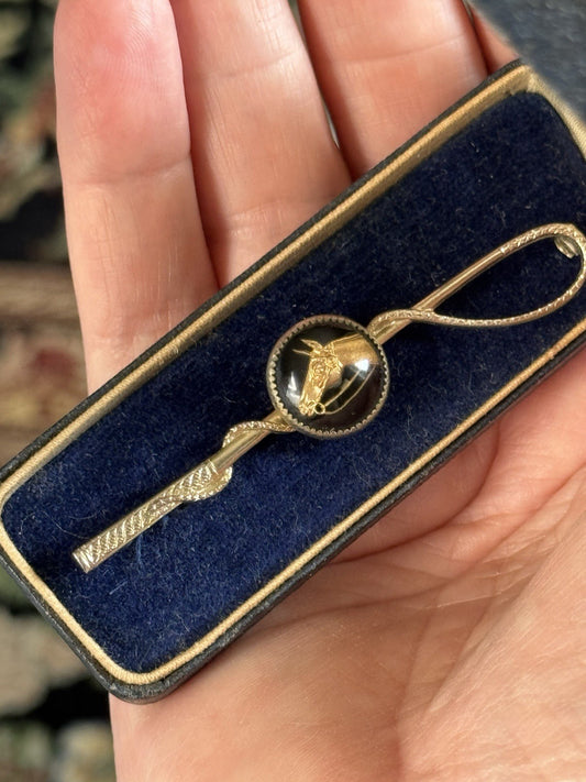 Vintage Essex Crystal Intaglio Black Gold Horse Equestrian Pin Brooch