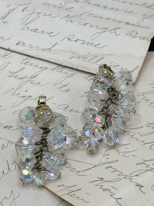 Vintage AB Clear Crystal Dangler Earrings Cha Cha Style Clip-on Goldtone