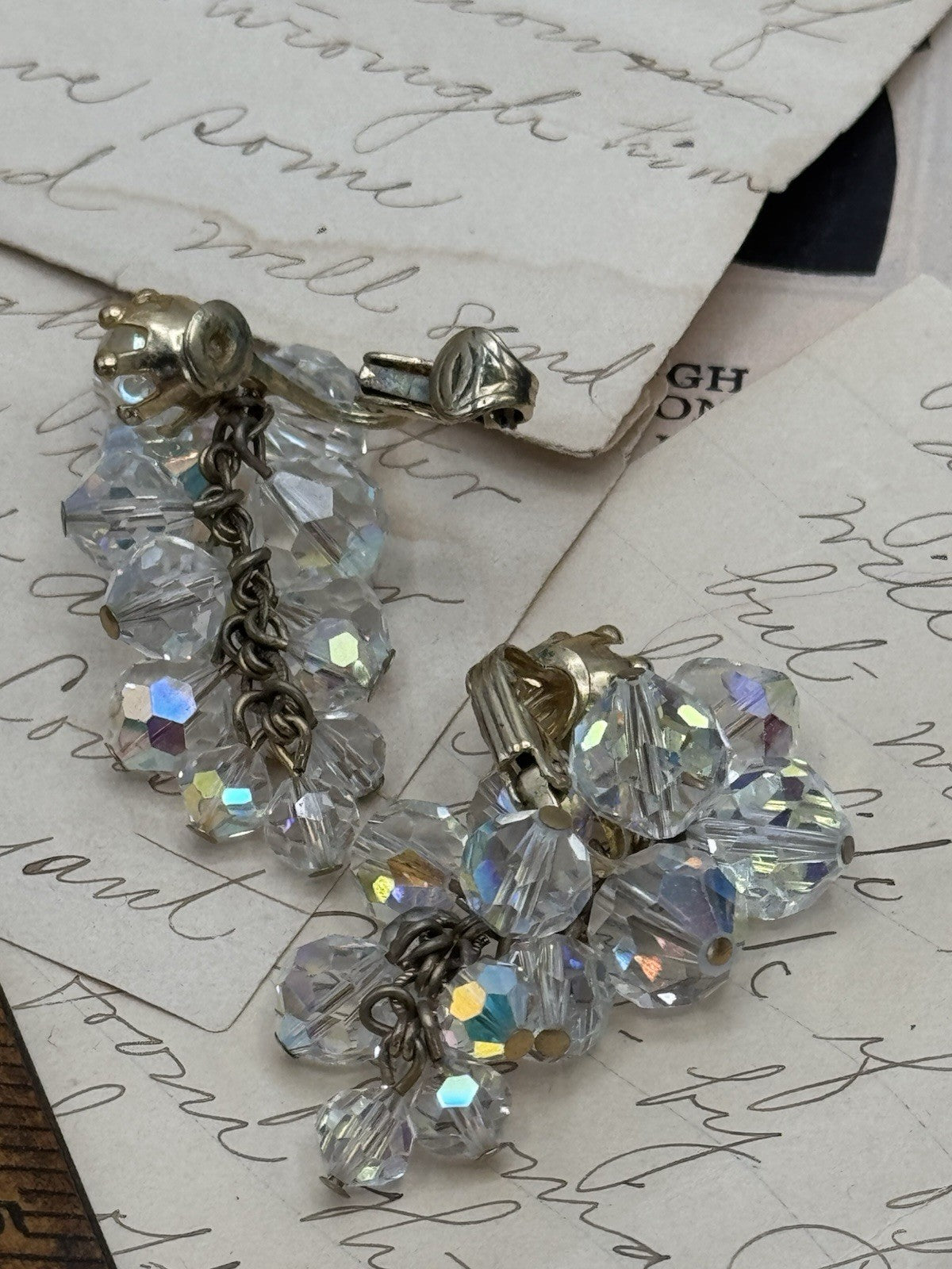 Vintage AB Clear Crystal Dangler Earrings Cha Cha Style Clip-on Goldtone