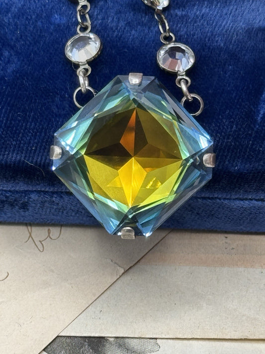 Aurora Borealis Large Star Design Crystal Pendant Necklace Christal Beaded ESTATE FIND