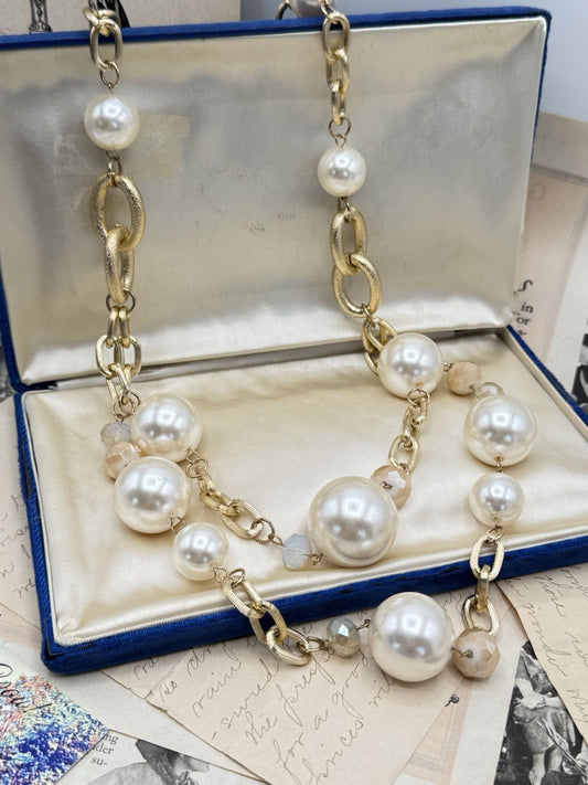 Simulated Pearl Long Chunky Necklace Goldtone 26” ESTATE FIND