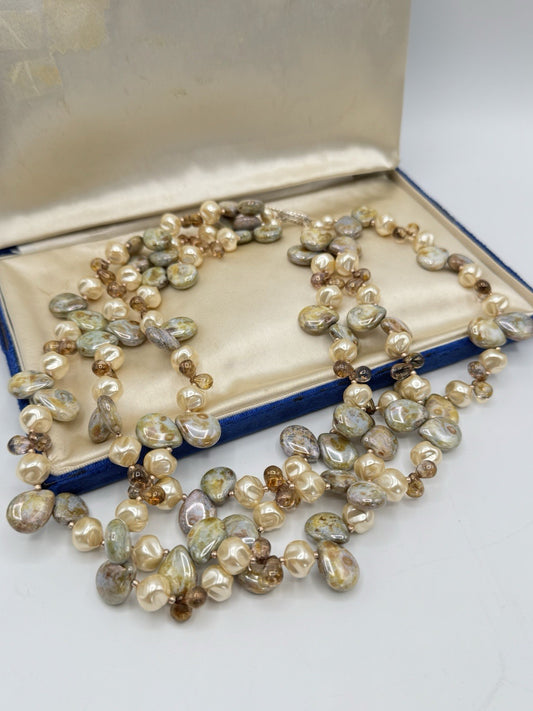 3 Strand Simulated Pearls Glass Beads And Stone Necklace 16” ESTATE FIND