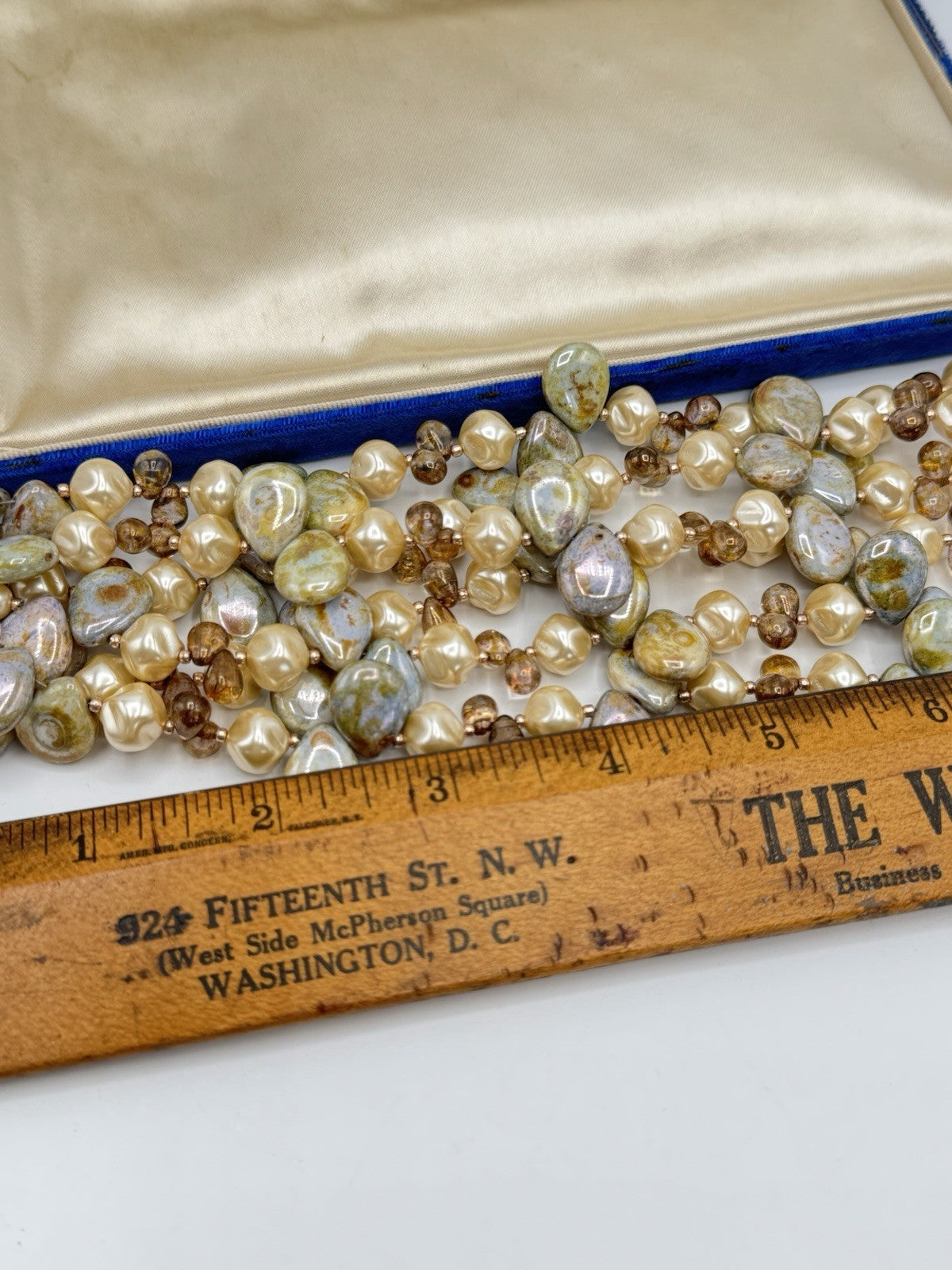 3 Strand Simulated Pearls Glass Beads And Stone Necklace 16” ESTATE FIND