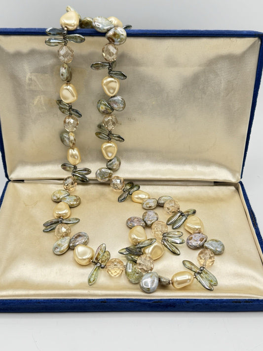 Imitation Pearl Crystal Glass Stones 35” Necklace ESTATE FIND