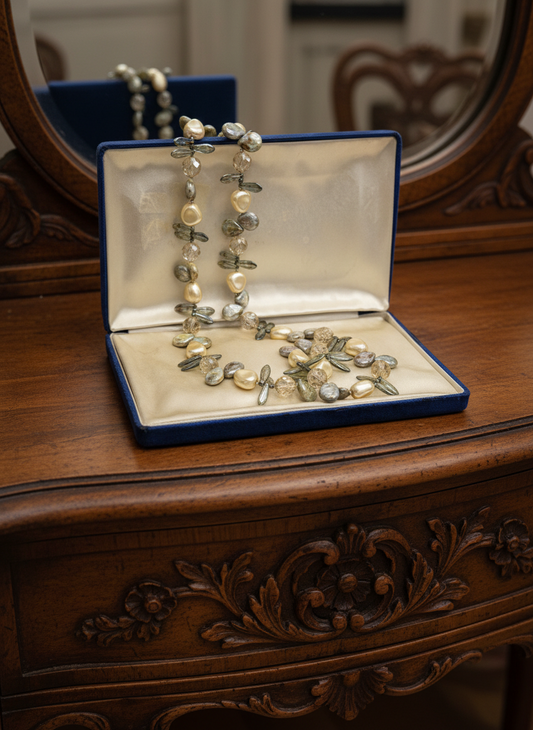 Vintage Faux Pearl Crystal Glass Stones 35” Necklace ESTATE FIND