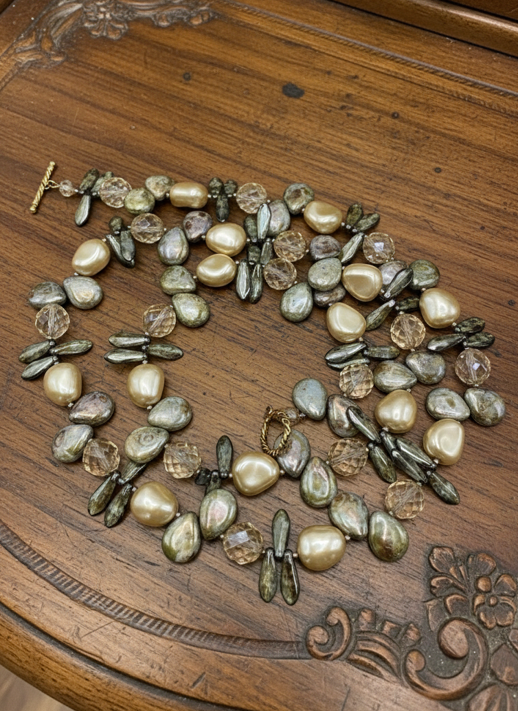 Vintage Faux Pearl Crystal Glass Stones 35” Necklace ESTATE FIND