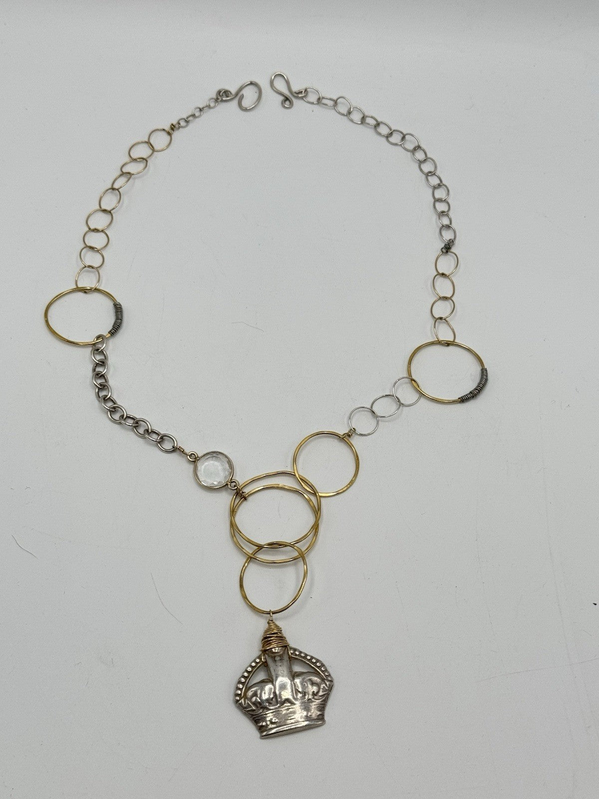 Wire Twist Crown Pendant Silver & Goldtone Necklace 19” ESTATE FIND
