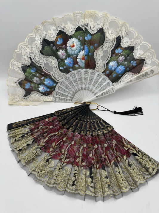 2 Vintage Hand Fans Lace Hand Painted & Gold Lace ESTATE FIND