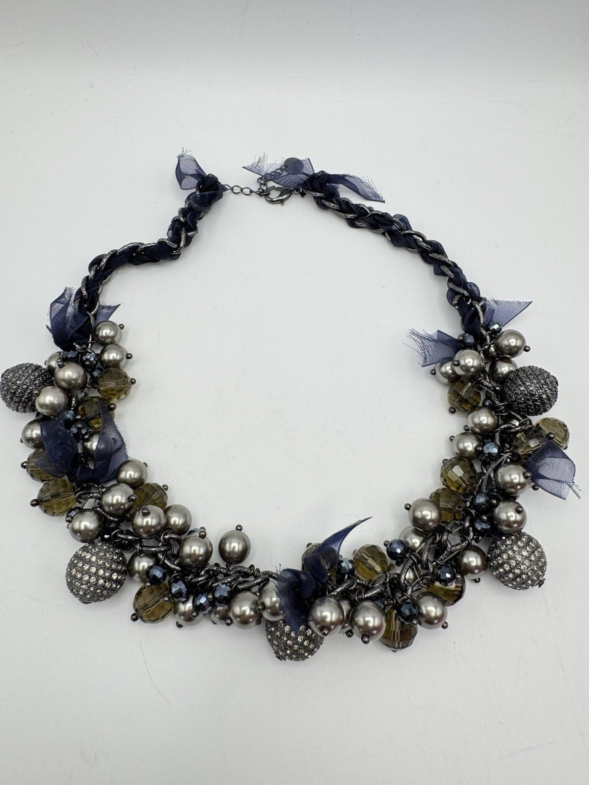 Vintage Necklace Blue Green Simulated Pearl Rhinestone Collar 21” ESTATE FIND