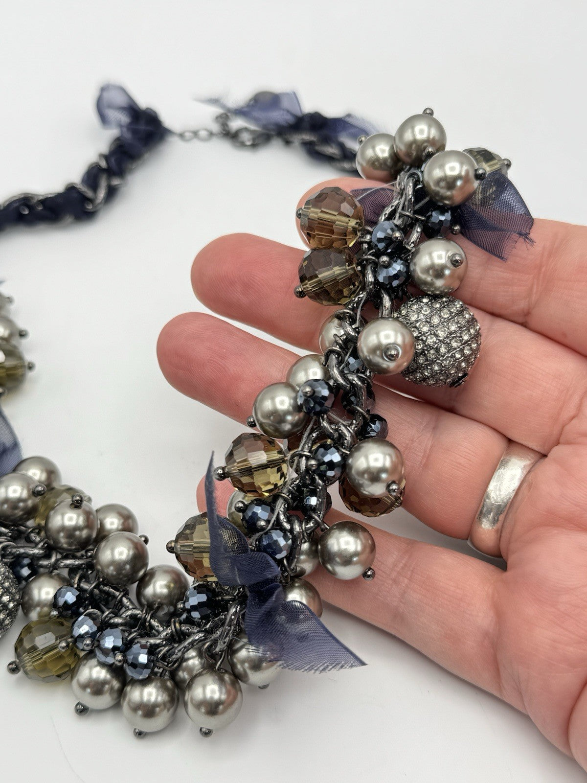 Vintage Necklace Blue Green Simulated Pearl Rhinestone Collar 21” ESTATE FIND