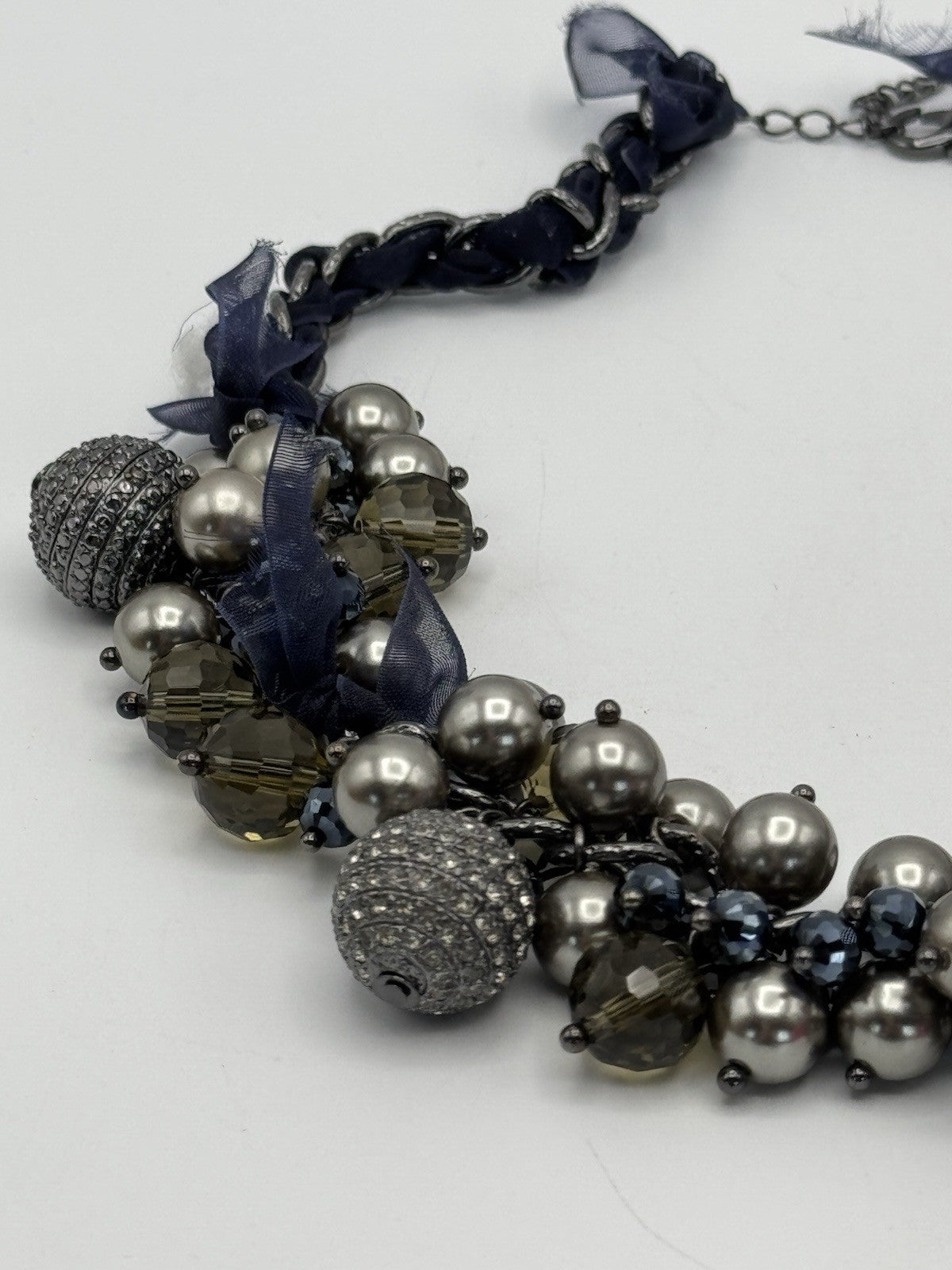 Vintage Necklace Blue Green Simulated Pearl Rhinestone Collar 21” ESTATE FIND