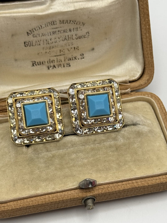Vintage EARRINGS Goldtone Rhinestone And Blue Center Acrylic Stone ESTATE FIND