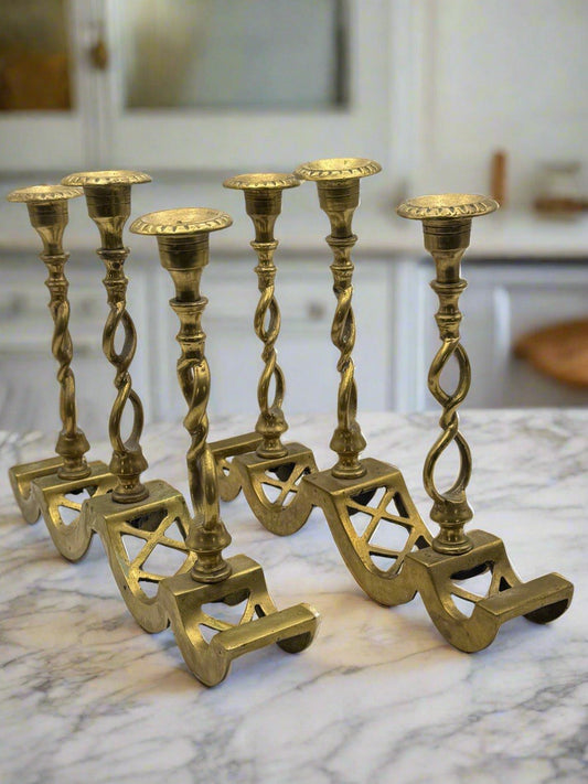 Pair Of 3 ARM BRASS Candelabra Twisted Stem RARE Unusual Design ESTATE FIND