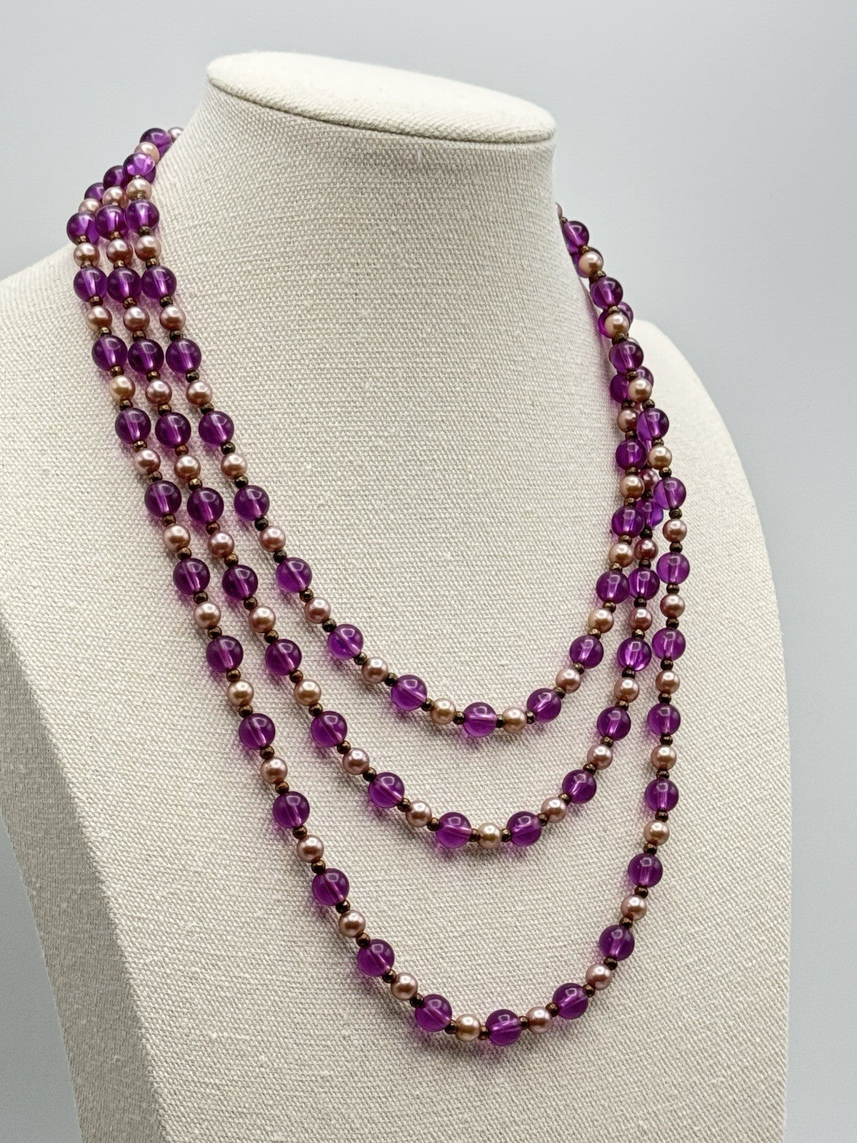 Vintage Purple Beads Imitation Pearl Opera Length Necklace 62”