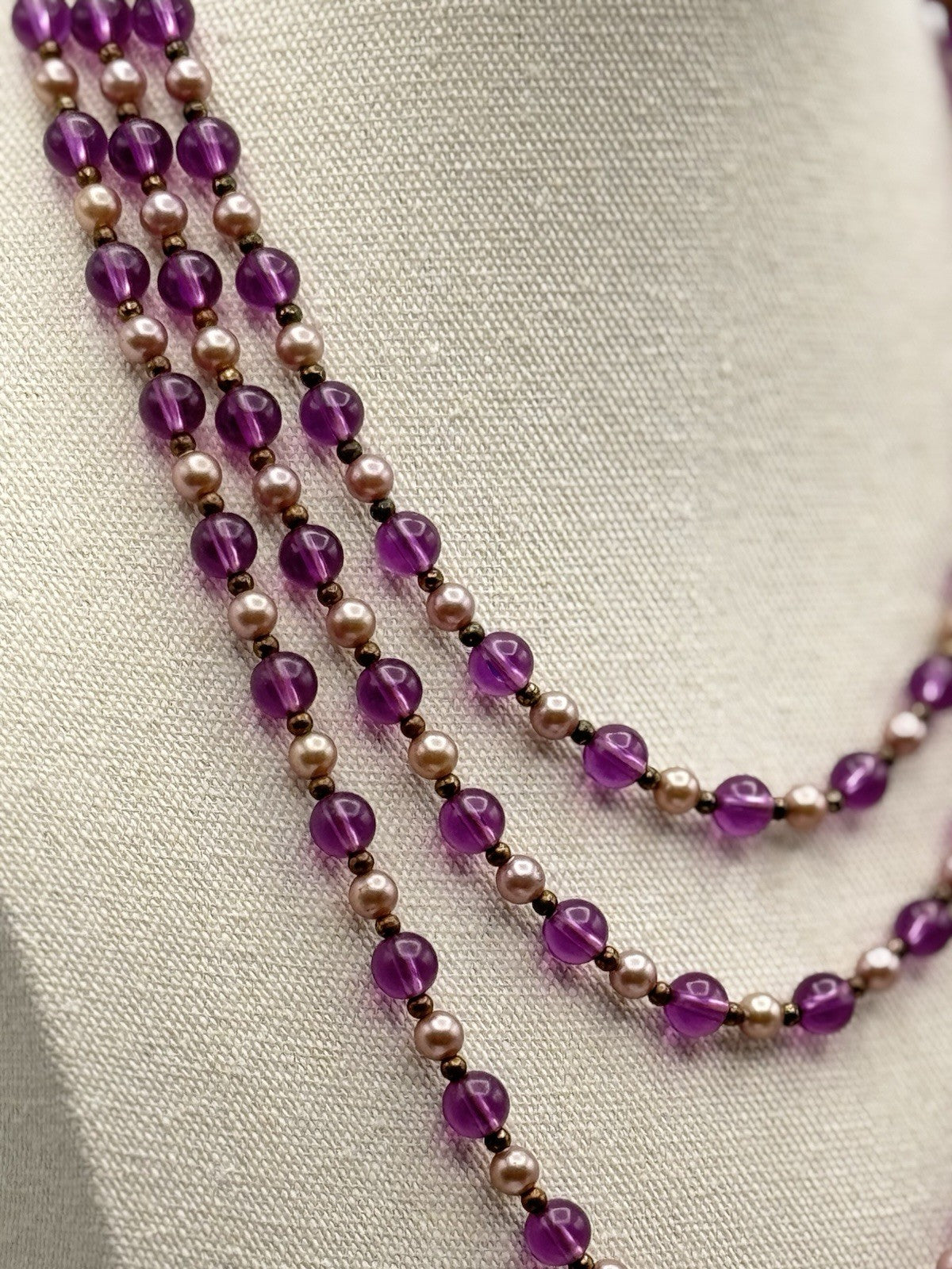 Vintage Purple Beads Imitation Pearl Opera Length Necklace 62”