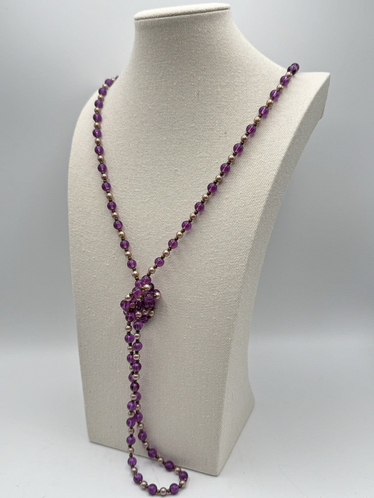 Vintage Purple Beads Imitation Pearl Opera Length Necklace 62”
