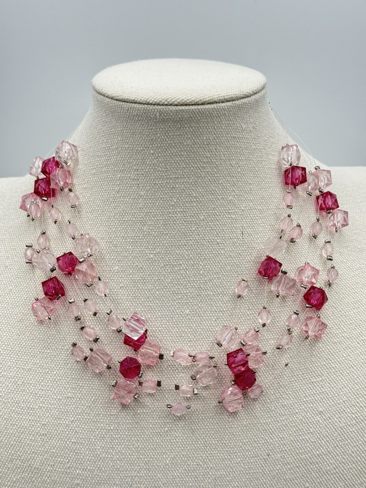 6 STRAND Pink Acrylic Cube Bead Necklace Invisible String 17” ESTATE FIND