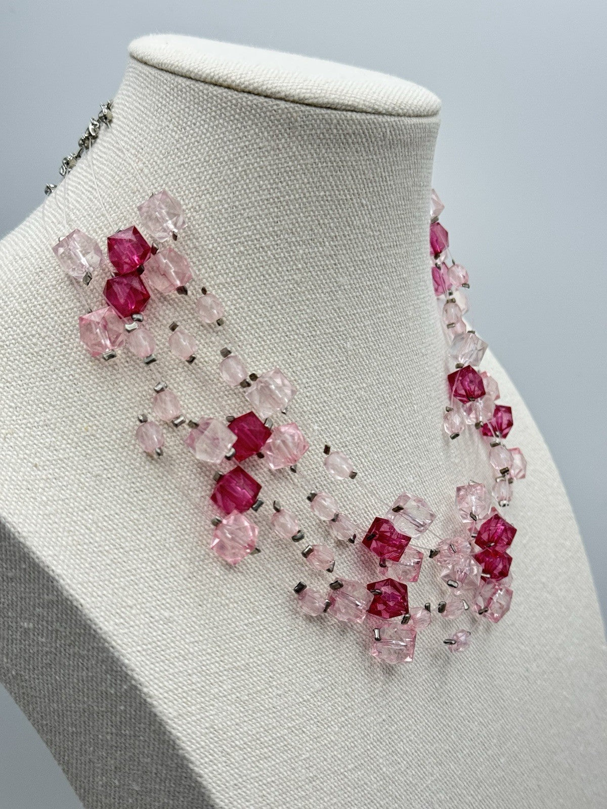 6 STRAND Pink Acrylic Cube Bead Necklace Invisible String 17” ESTATE FIND