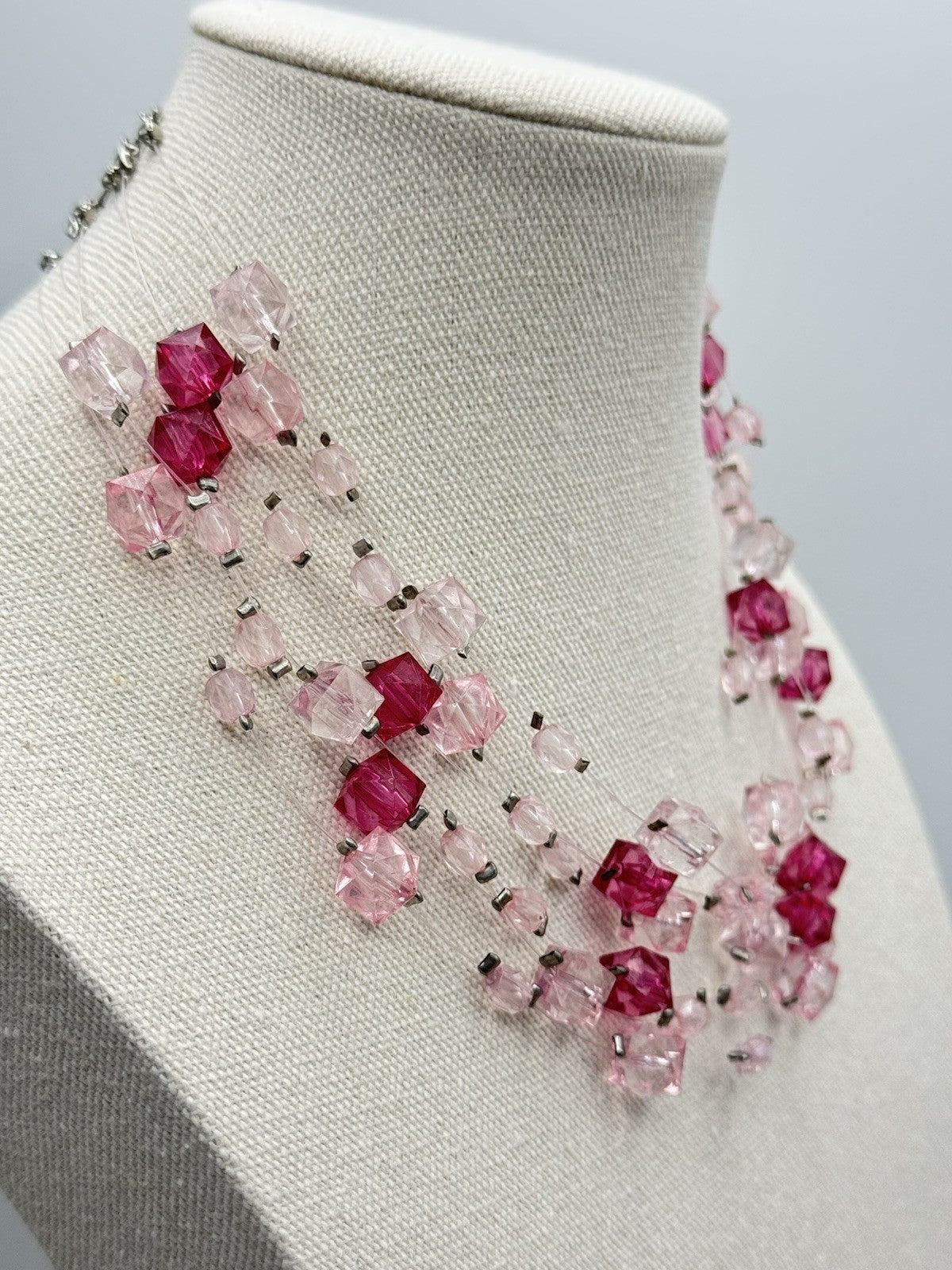 6 STRAND Pink Acrylic Cube Bead Necklace Invisible String 17” ESTATE FIND