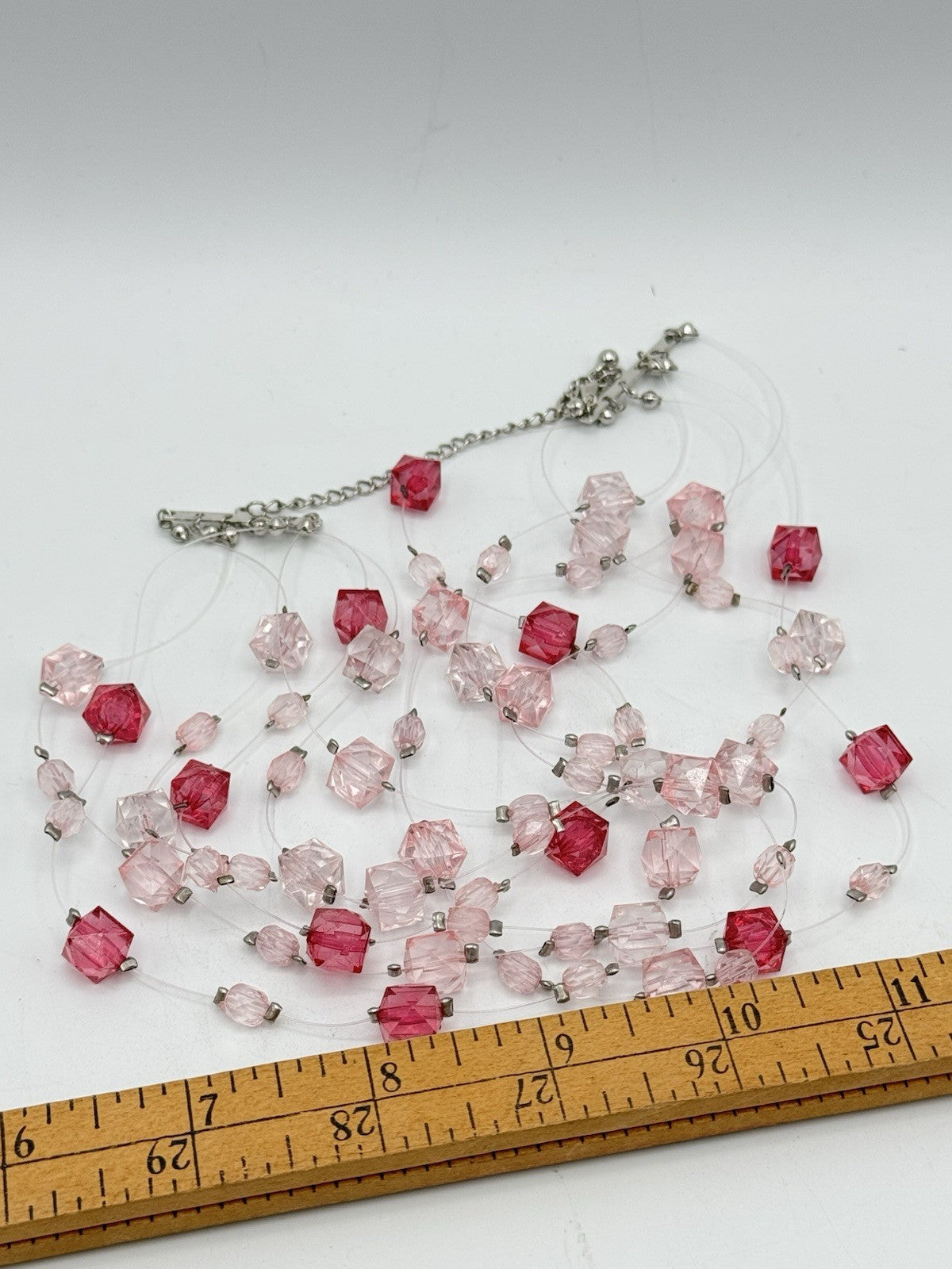 6 STRAND Pink Acrylic Cube Bead Necklace Invisible String 17” ESTATE FIND