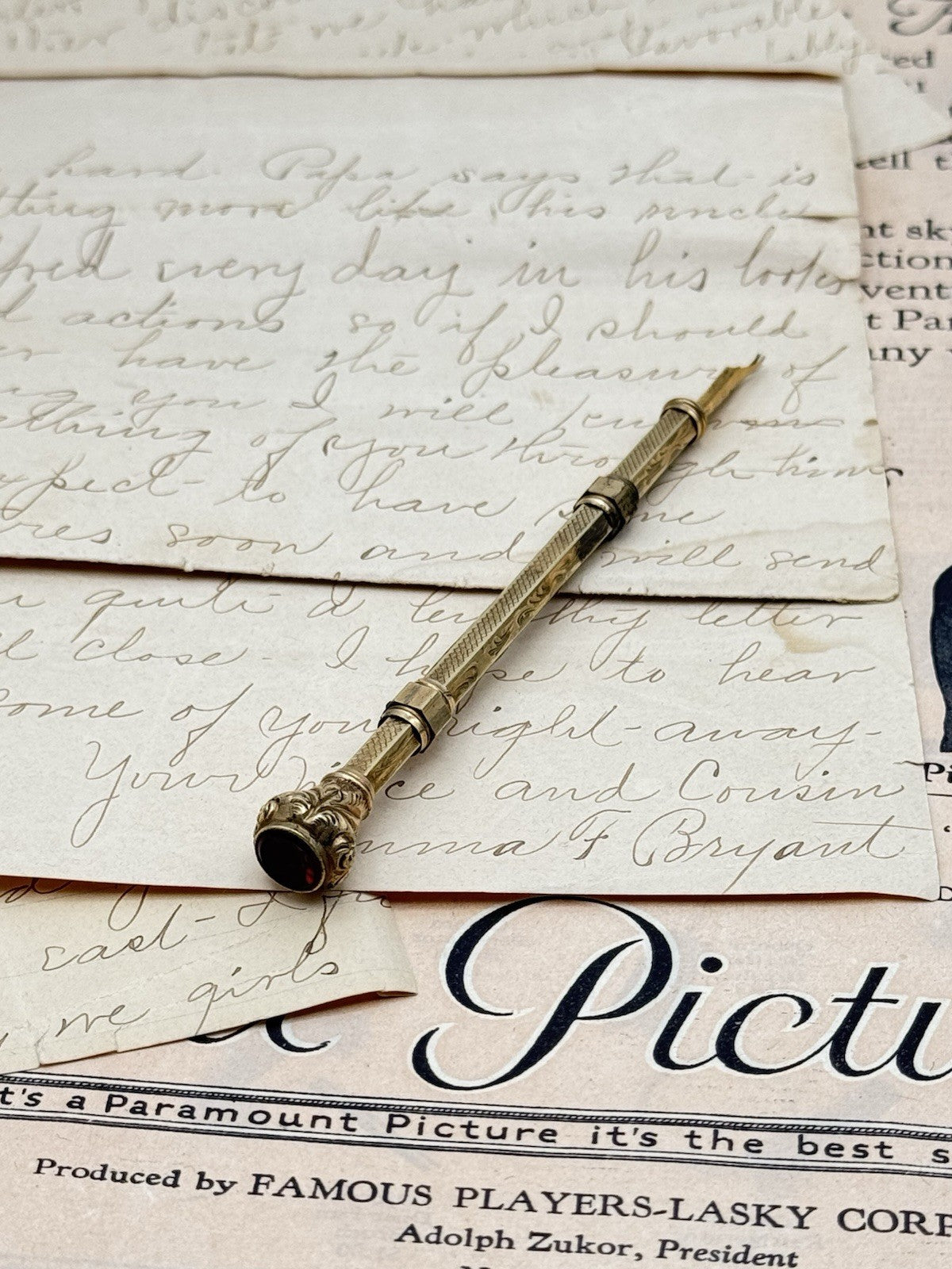 Antique Gold-Filled Dip Pen & Propelling Pencil Combo Jeweled Red Stone