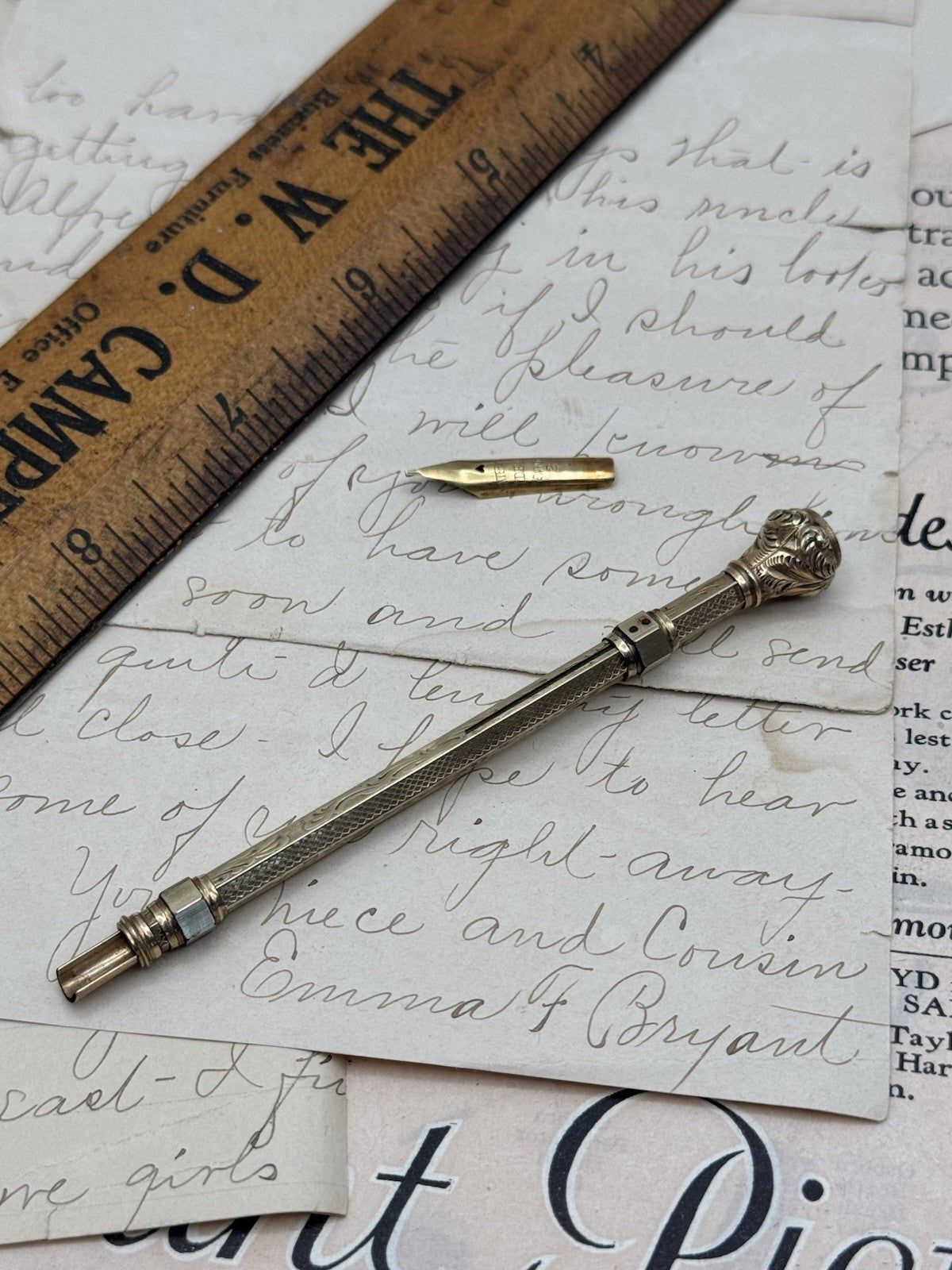 Antique Gold-Filled Dip Pen & Propelling Pencil Combo Jeweled Red Stone