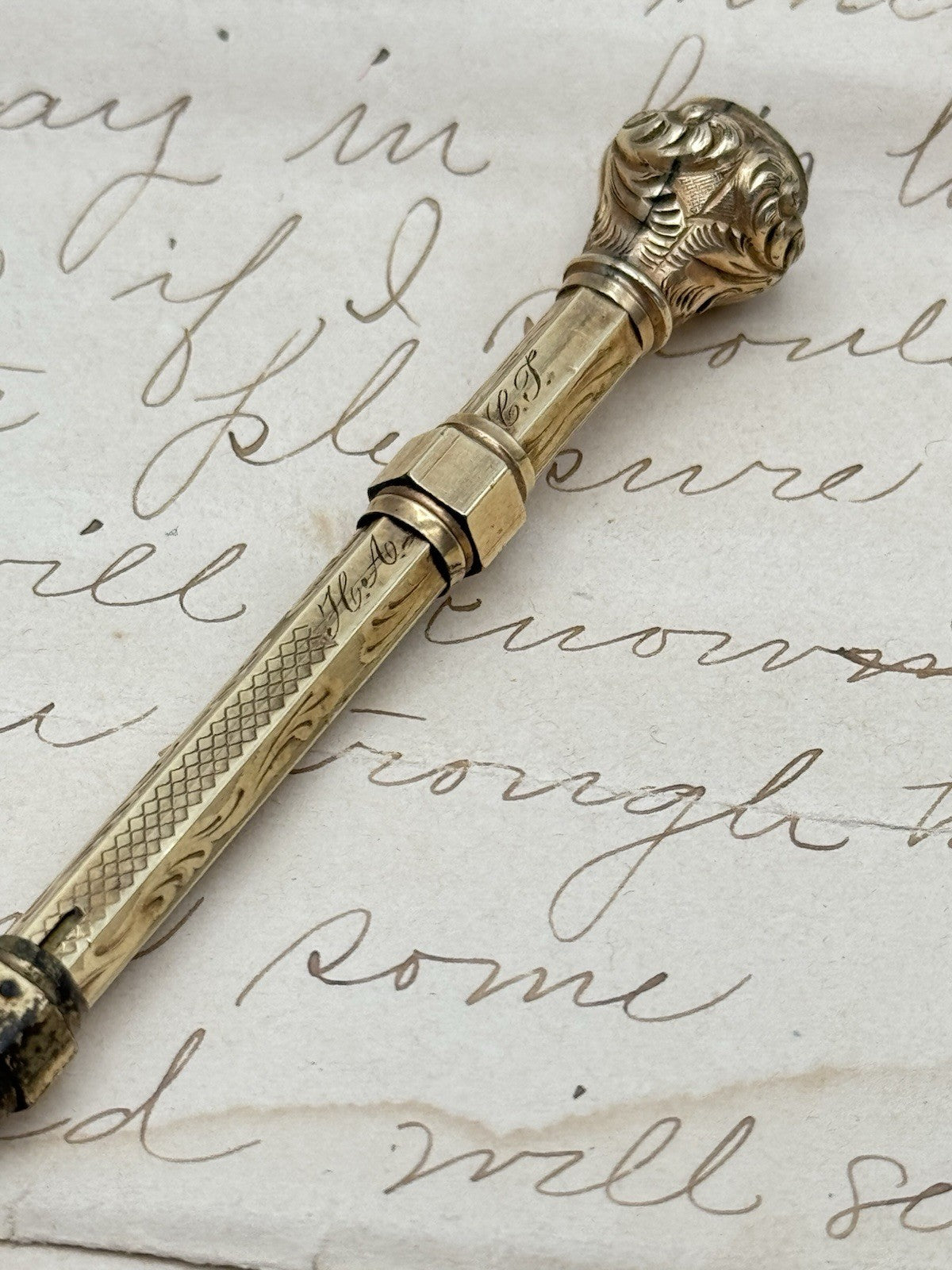 Antique Gold-Filled Dip Pen & Propelling Pencil Combo Jeweled Red Stone