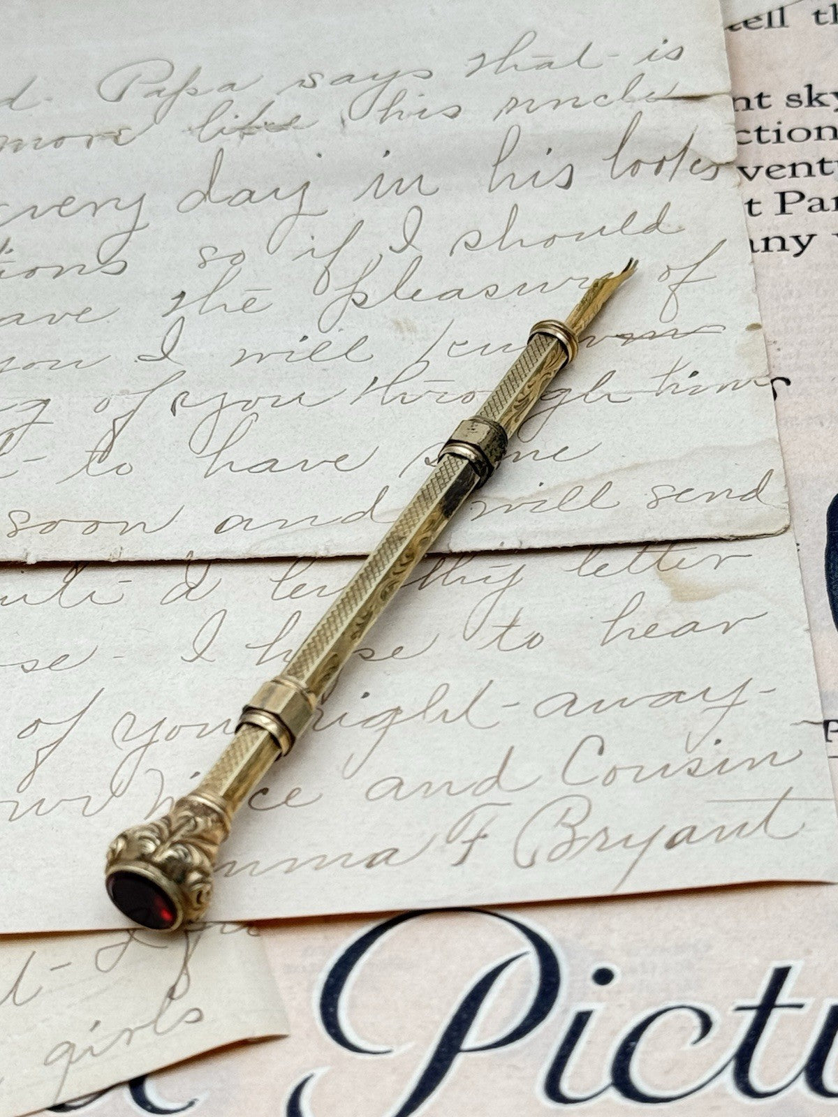 Antique Gold-Filled Dip Pen & Propelling Pencil Combo Jeweled Red Stone