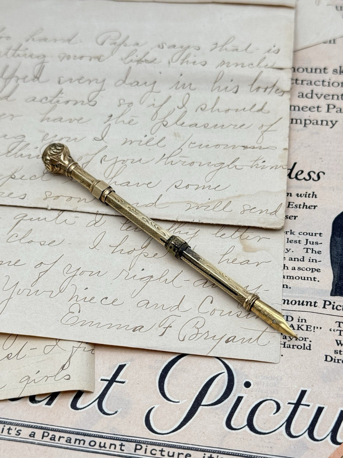 Antique Gold-Filled Dip Pen & Propelling Pencil Combo Jeweled Red Stone