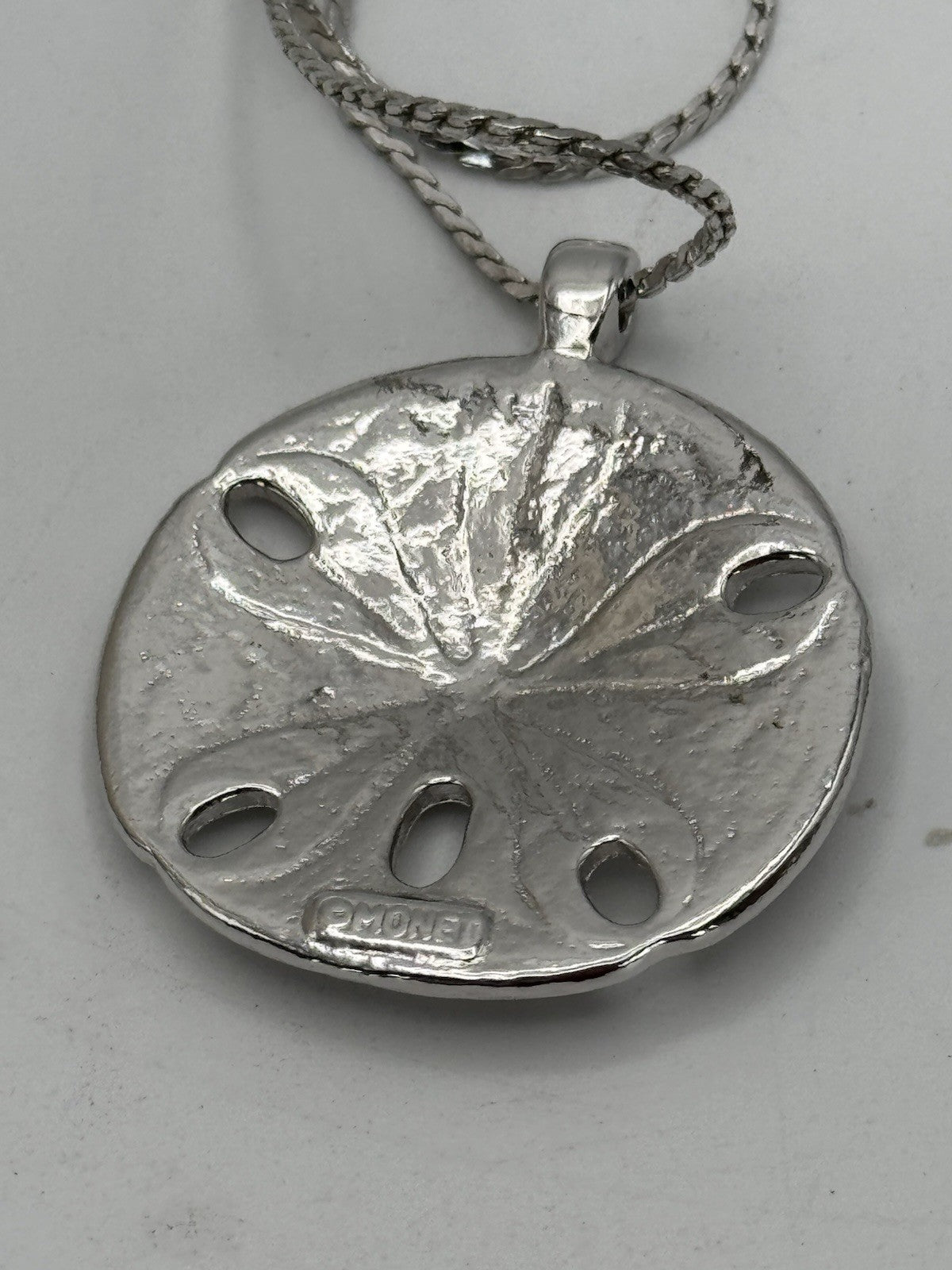 Vintage Monet Silver Tone Sand Dollar Necklace 30 Inch Chain