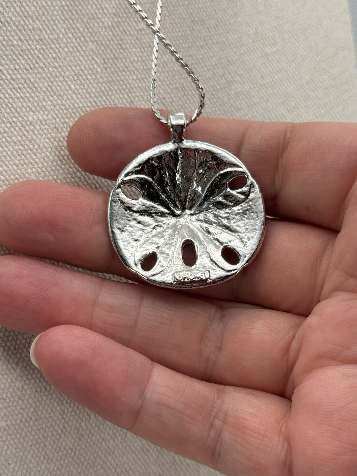 Vintage Monet Silver Tone Sand Dollar Necklace 30 Inch Chain