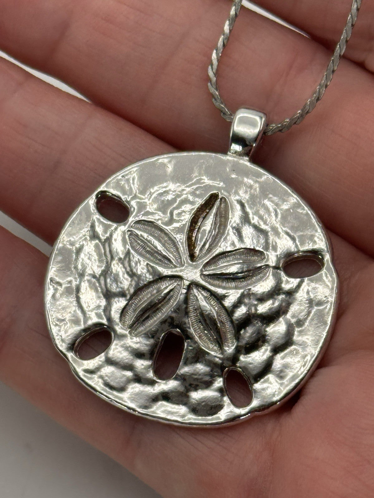 Vintage Monet Silver Tone Sand Dollar Necklace 30 Inch Chain