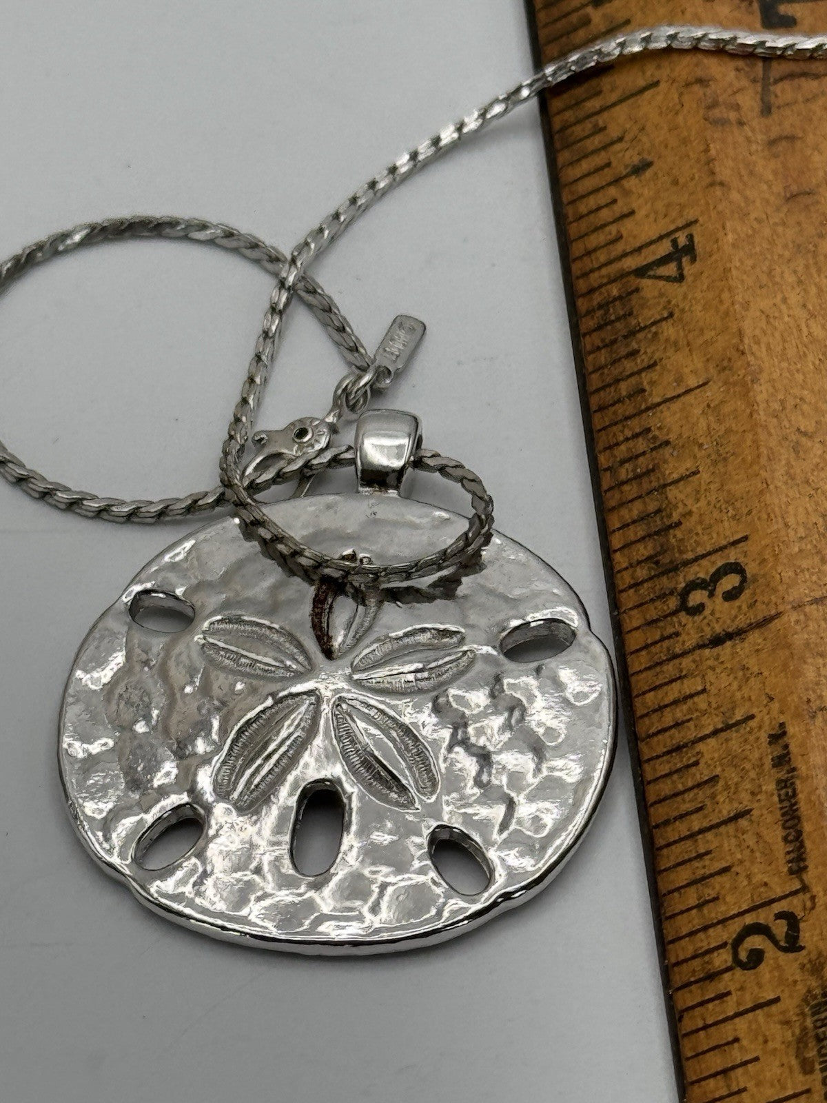 Vintage Monet Silver Tone Sand Dollar Necklace 30 Inch Chain