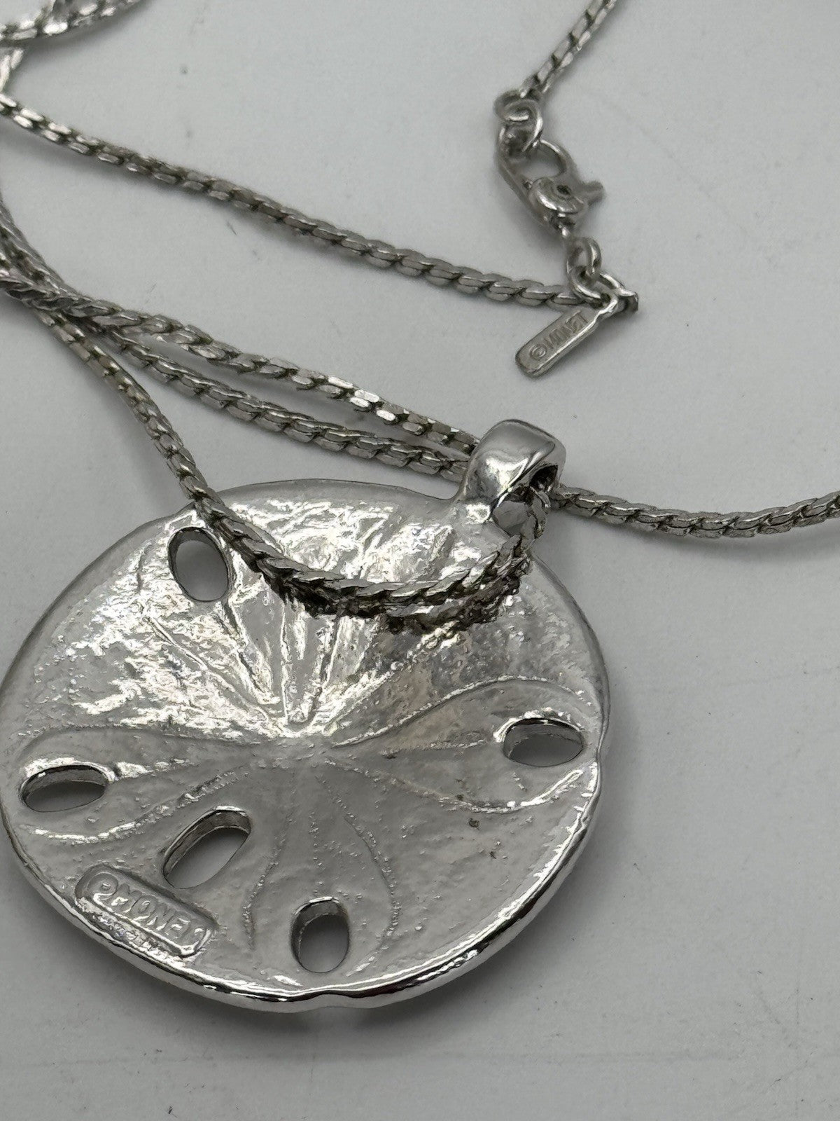 Vintage Monet Silver Tone Sand Dollar Necklace 30 Inch Chain