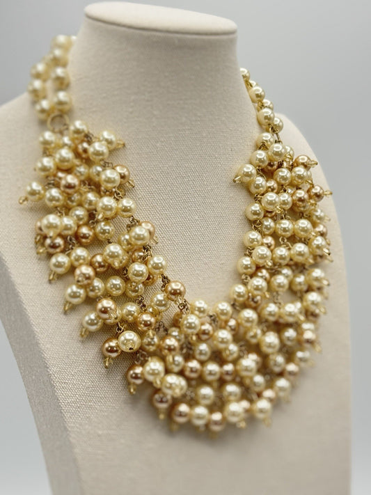 White And Champagne Faux Pearl Bib Choker Necklace ESTATE FIND