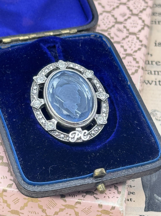 Vintage Blue Glass Intaglio Brooch Avon 1988-89 Presidents Recognition Program