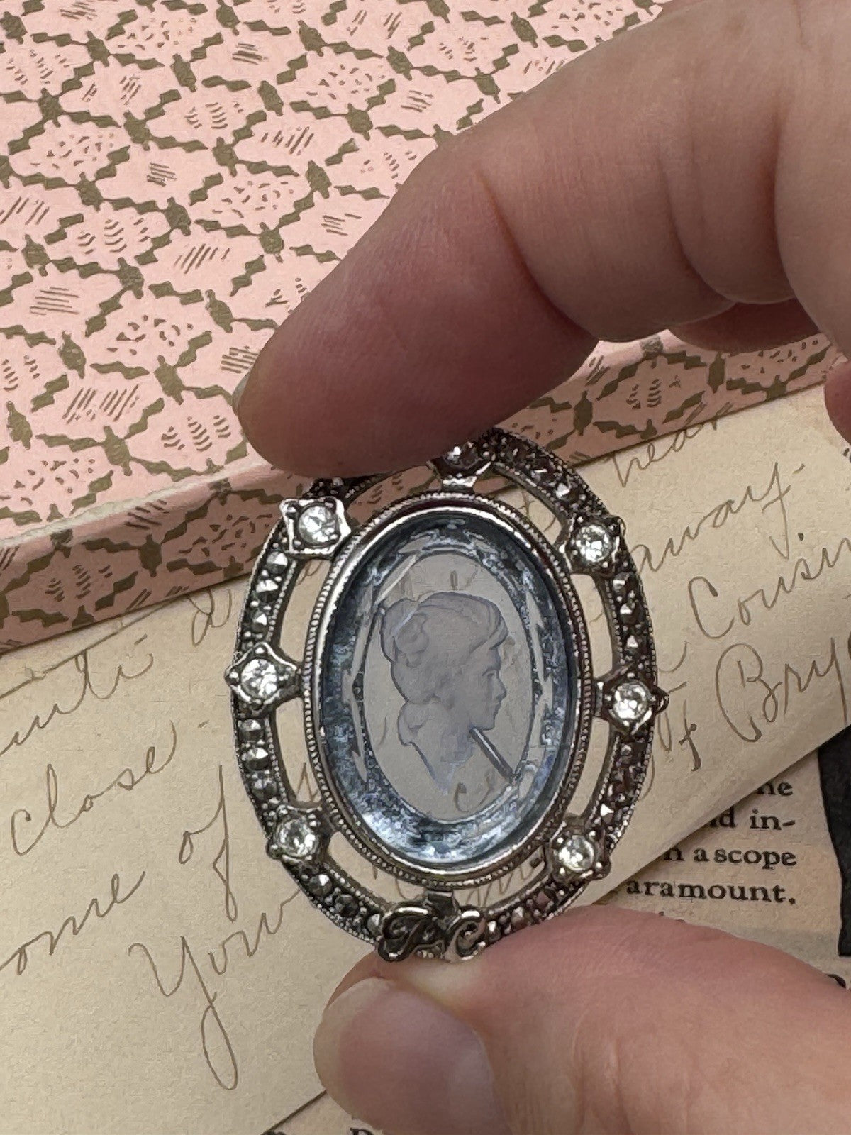 Vintage Blue Glass Intaglio Brooch Avon 1988-89 Presidents Recognition Program