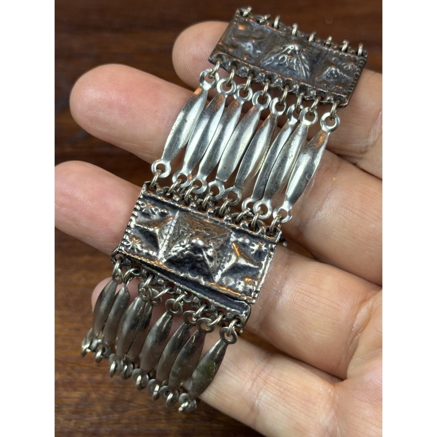 Vintage Mexico Bracelet 7” Silvertone Figural Panel Artisan Statement Jewelry